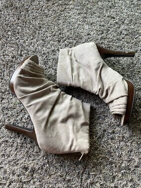 Neutral Beige Suede Peep-Toe Booties - Women